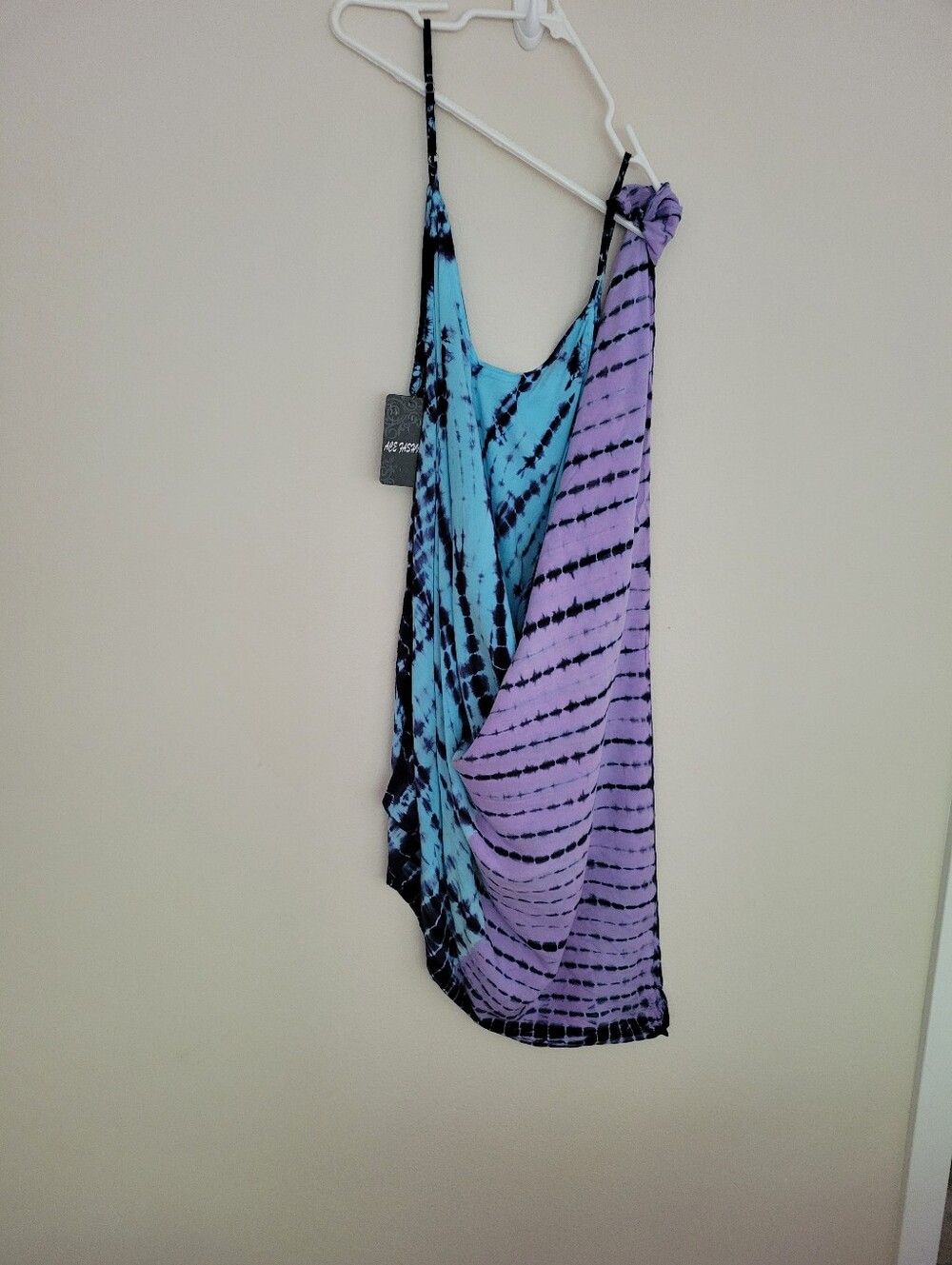 Sleeveless Tie-Dye V-Neck Handkerchief Midi Dress in Aqua and Lavender